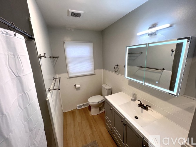 A bathroom with a toilet, sink, and mirror.