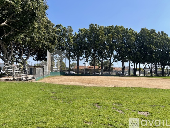 A grassy field with trees and a fence in the background.
