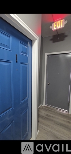 A blue door with a red exit sign above it.