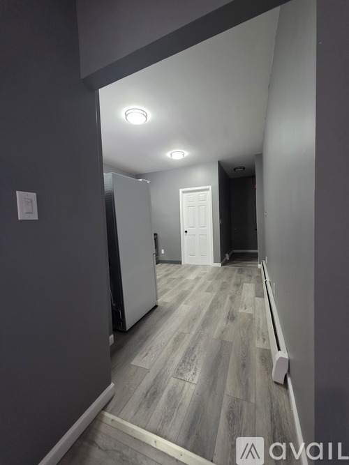 A hallway with a white door and a light on the ceiling.