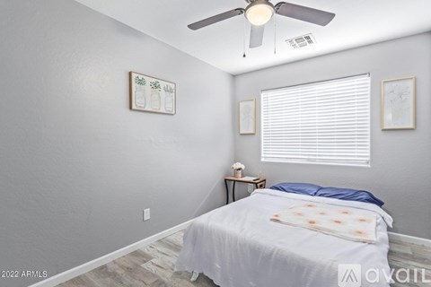 A bedroom with a bed, a ceiling fan, and a nightstand with a lamp.