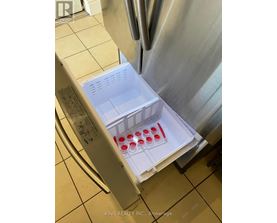 A refrigerator with a drawer full of red cups.