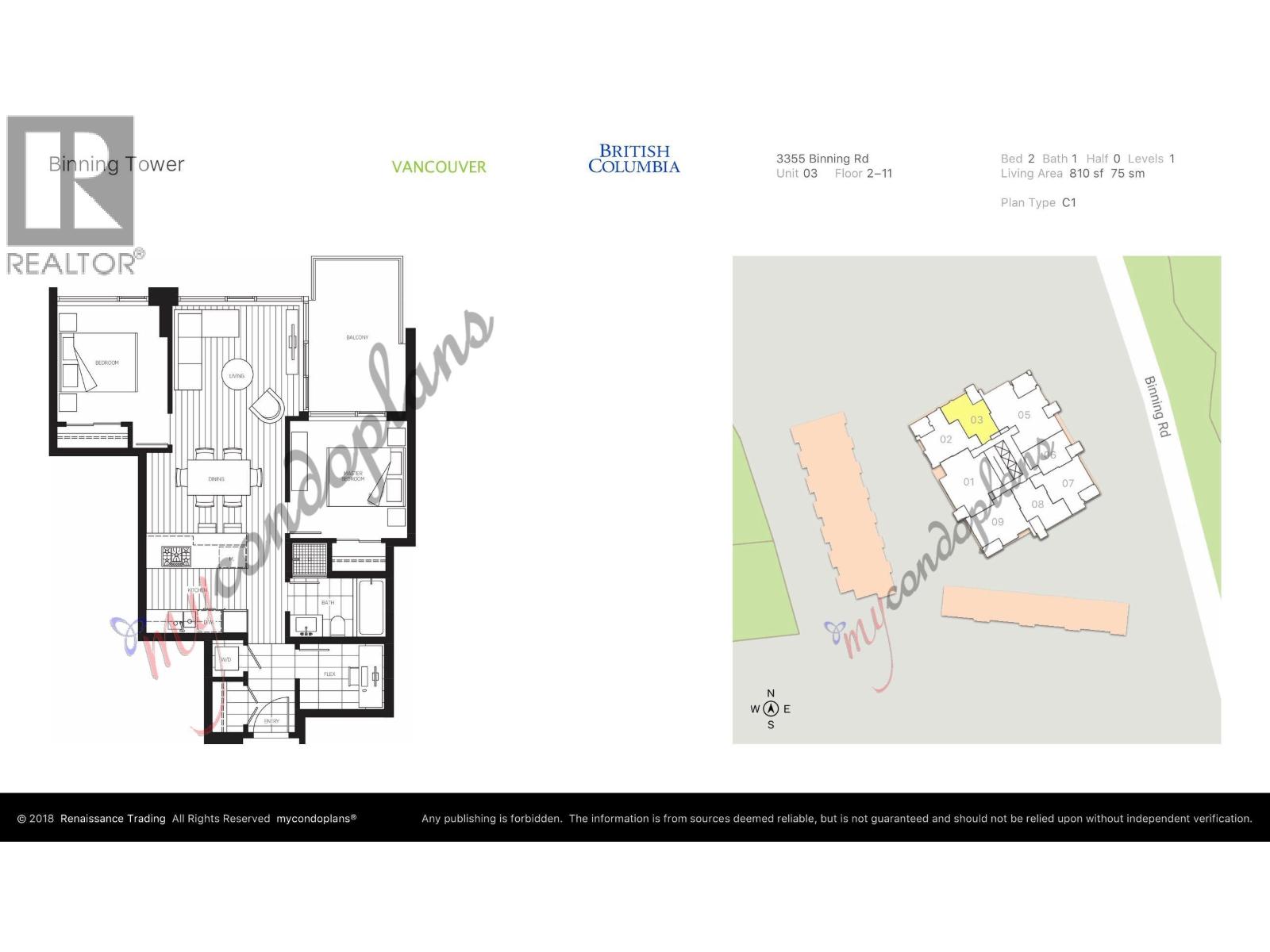 A floor plan for a property at 3358 8th Ave, Vancouver, BC, Canada, showing a two-bedroom, two-bathroom unit.