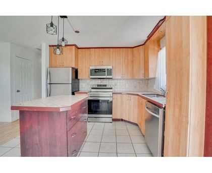 A kitchen with wooden cabinets and a red island.
