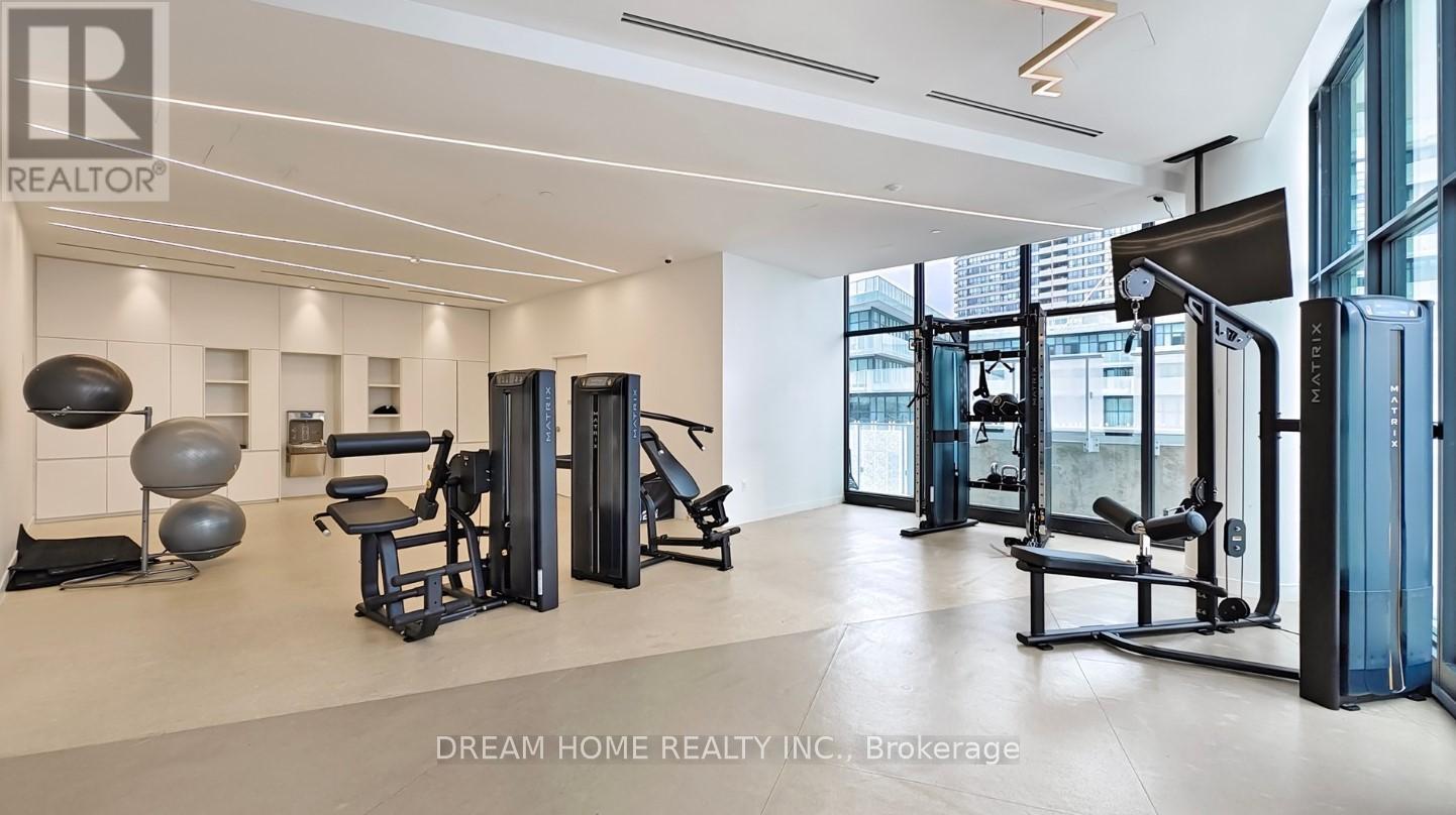 A gym with a variety of equipment including a treadmill, weights, and a bench press.
