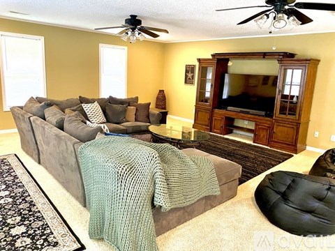 A living room with a grey couch and a ceiling fan.