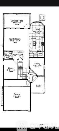 A black and white floor plan of a house with a covered patio, family room, garage, and a dining area.