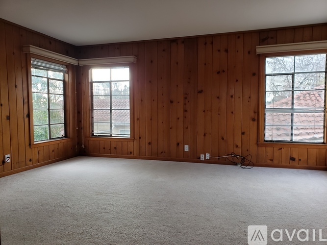 A room with wooden walls and carpeted floor.