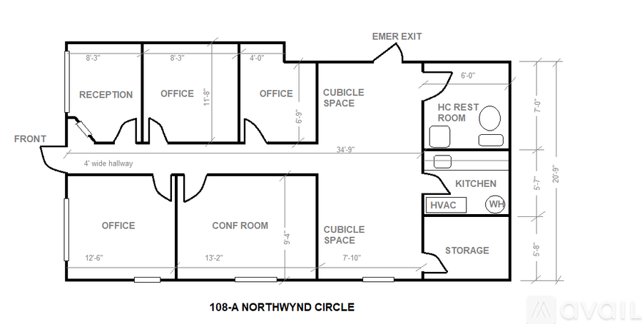 A floor plan of a building with a reception, offices, a cubicle space, a rest room, a kitchen, a storage area, and a conf room.