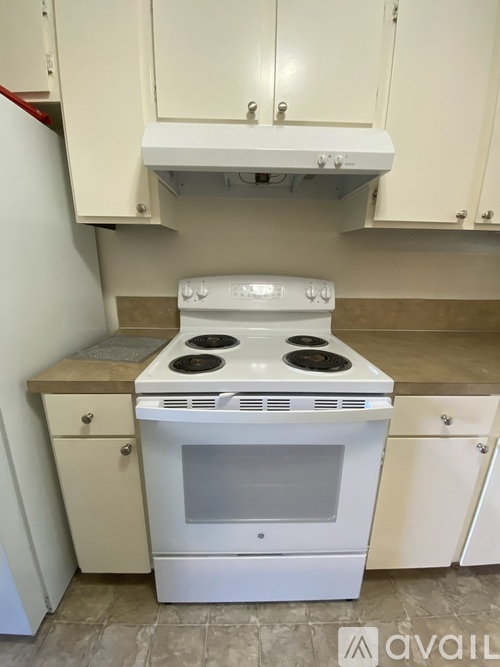 A white stove with a glass door is in a kitchen.