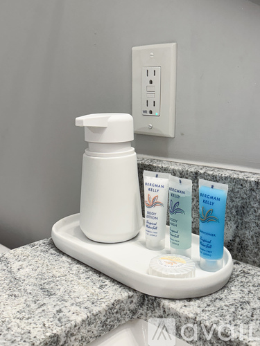 A white soap dispenser with three tubes of Regan Kelly body lotion on a tray.