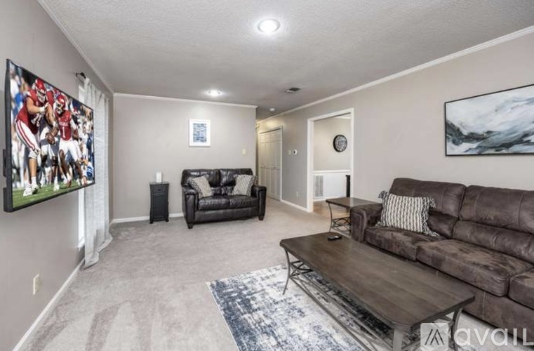A living room with a large TV, two couches, and a rug.