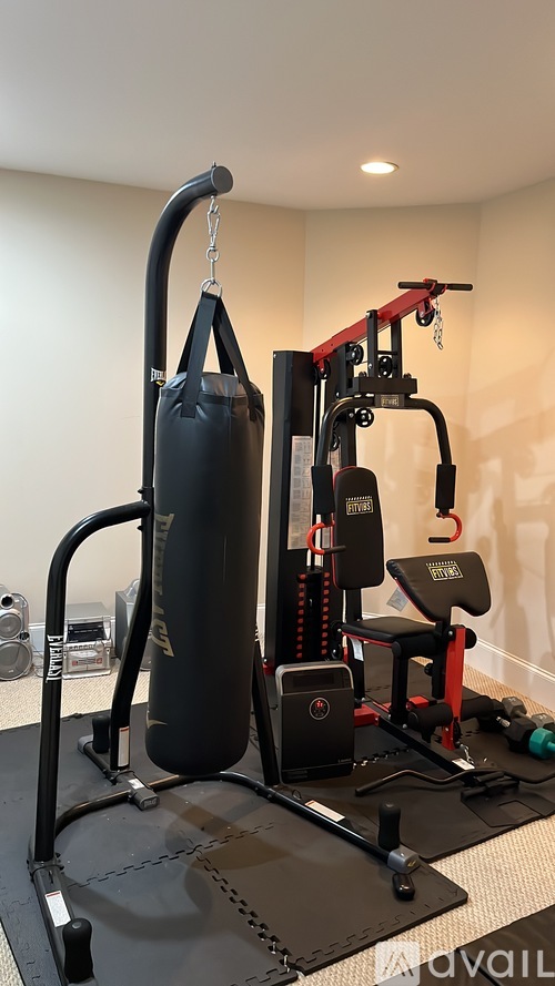 A black punching bag sits on a black mat in a home gym.