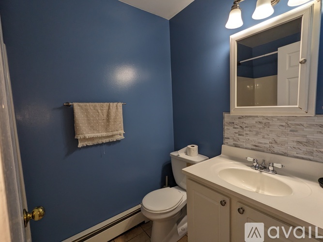 A bathroom with blue walls and a white toilet.