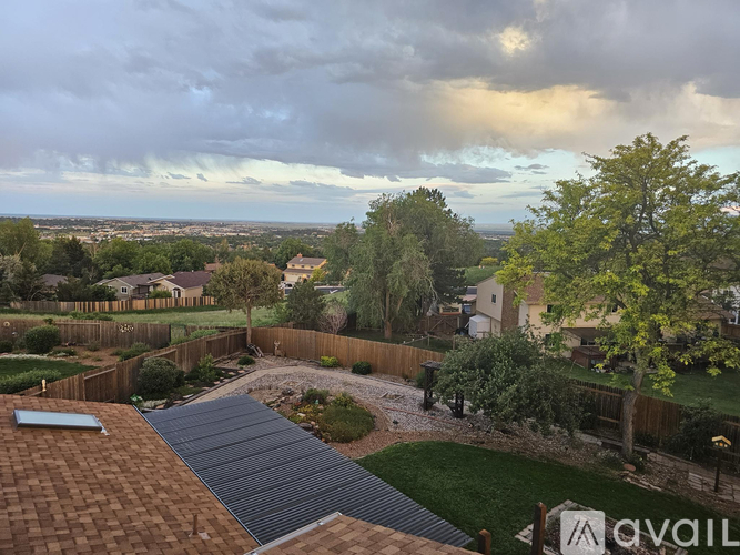 A backyard with a metal roof and a tree.