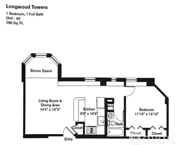 A floor plan for Longwood Towers shows a one bedroom, one bath unit.