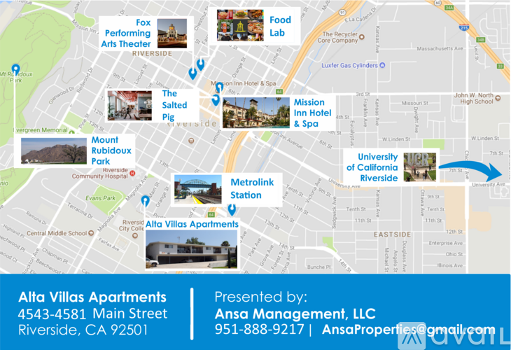 A map of a city with apartment buildings and businesses marked on it.