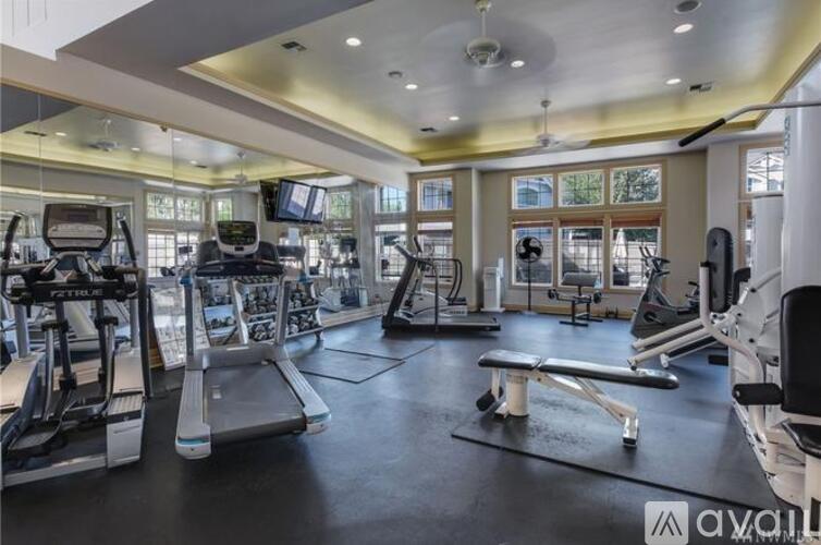 A gym with treadmills, weights, and exercise equipment.