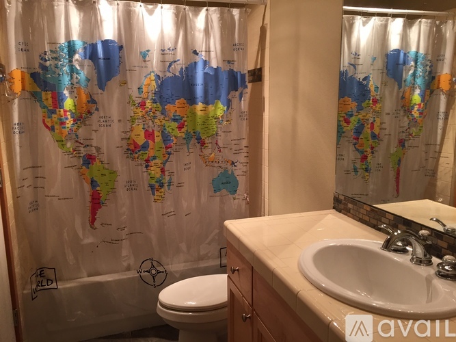 A bathroom with a world map shower curtain and a toilet.