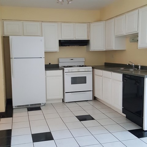 A kitchen with white appliances and black and white tiles.
