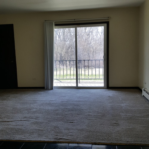 A room with a carpeted floor and a sliding glass door.
