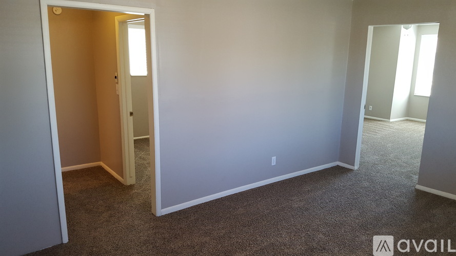 A room with a carpeted floor and two doors, one of which is open.