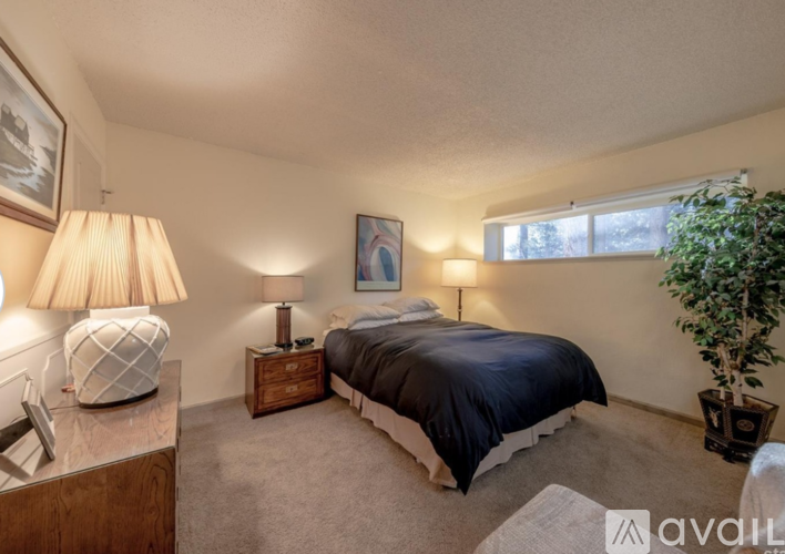 A bedroom with a bed, nightstands, and a plant.