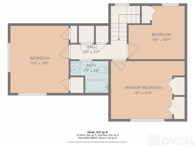 A floor plan of an apartment with three bedrooms and a bathroom.