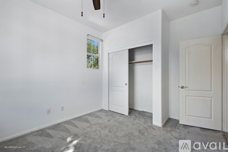 A room with a white door and a window with a view of trees outside.