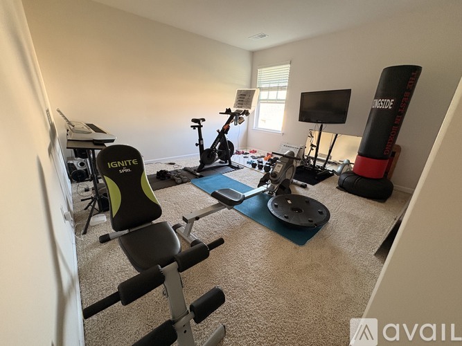 A home gym with a variety of equipment including a stationary bike, a rowing machine, and a bench press.