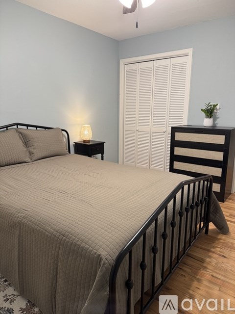 A bedroom with a bed, nightstand, and a plant on a dresser.