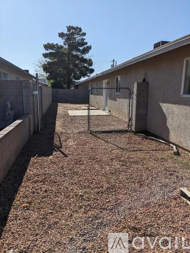 A backyard with a fence and a tree.