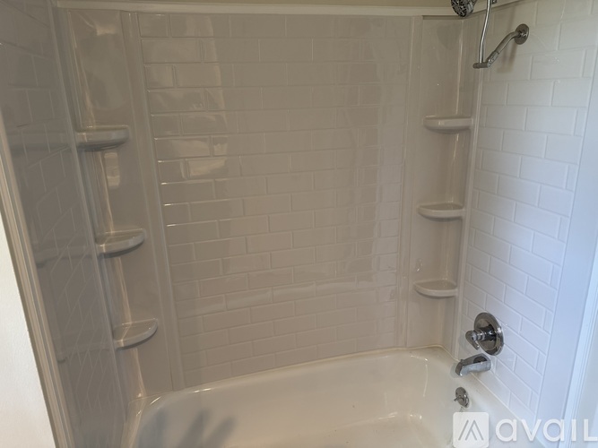 A white tiled shower with a glass door and a white bathtub.