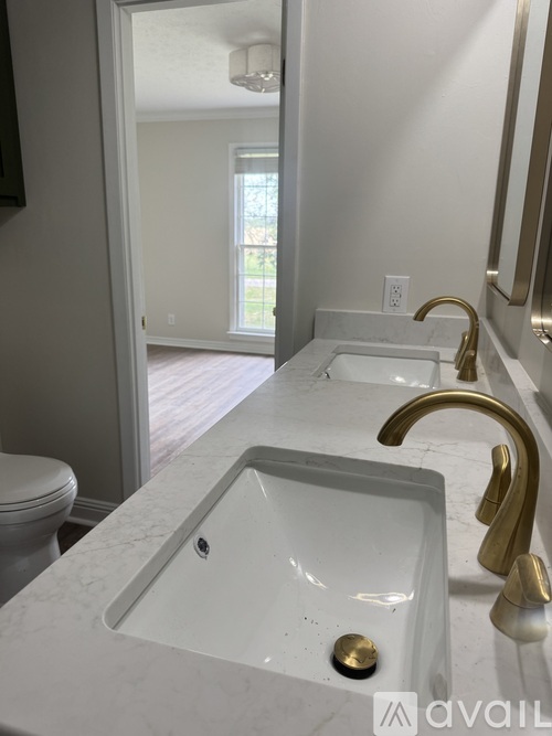 A bathroom with a white sink and gold faucet.