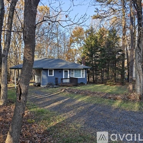 A house surrounded by trees in a wooded area.