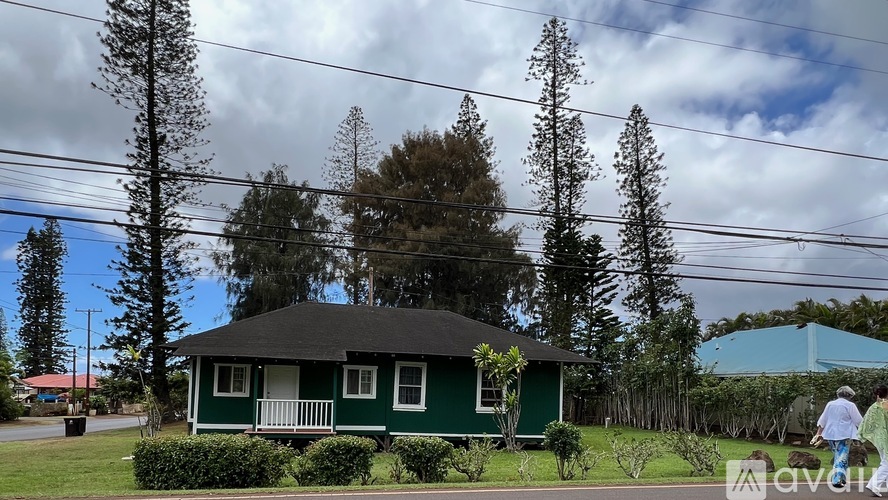 A green house with a porch is surrounded by trees and bushes.