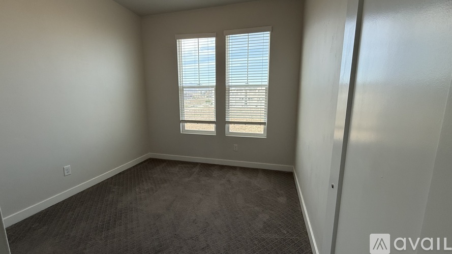 A room with a carpeted floor and two windows with blinds.