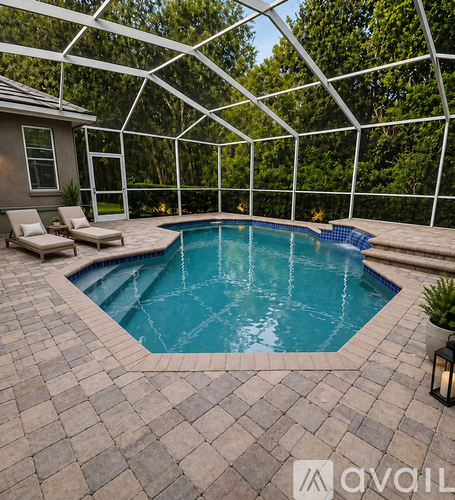 A pool surrounded by a white frame and a tiled floor.