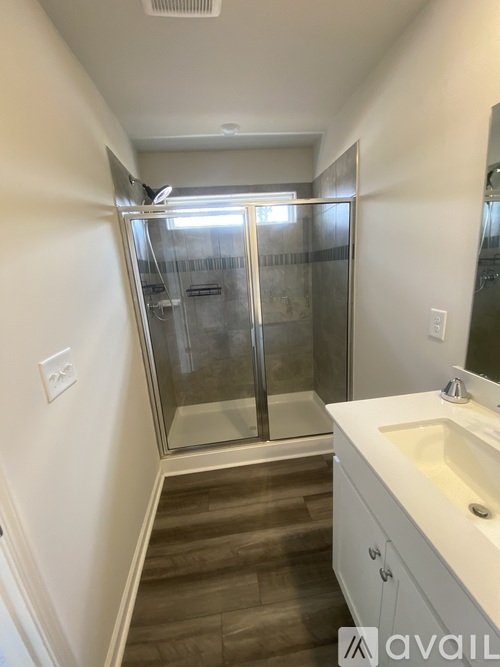 A bathroom with a walk-in shower and a sink.