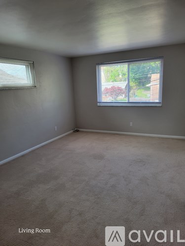 A living room with a carpeted floor and a window.