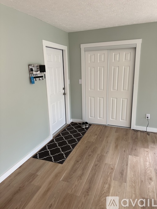 A room with two doors and a rug on the floor.