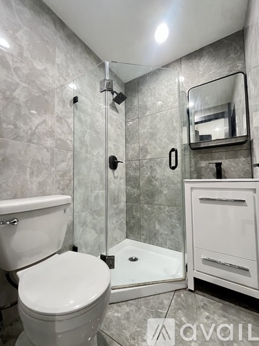A bathroom with a toilet, a walk-in shower, and a vanity with a mirror.
