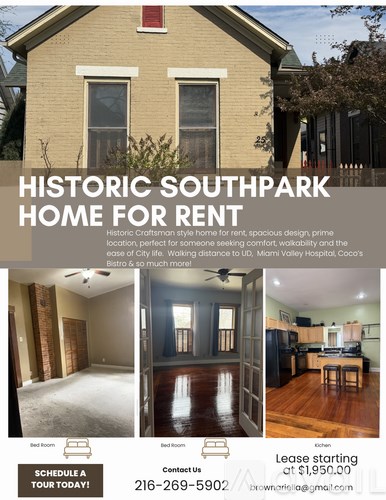 A flyer for a historic Southpark home for rent, featuring images of the interior and contact information.