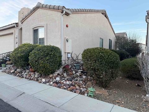 A house with a grey wall and a green bush in front.