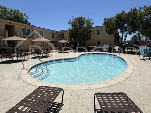 A swimming pool surrounded by lounge chairs and umbrellas in a sunny outdoor setting.