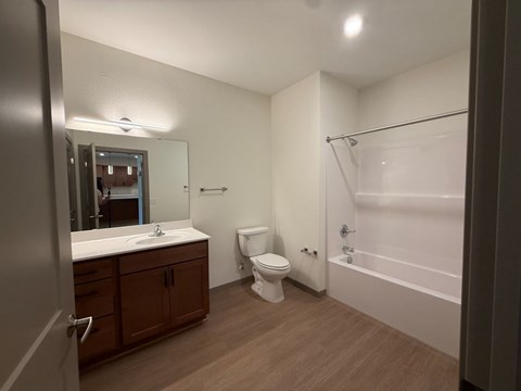 A bathroom with a toilet, sink, and bathtub.