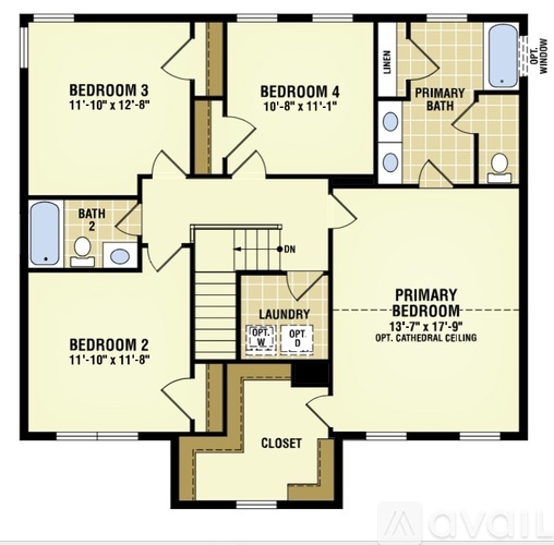 A floor plan of a house with four bedrooms and a laundry room.