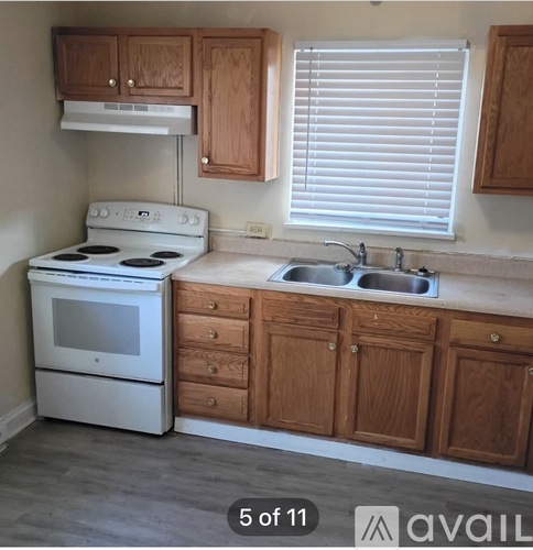 A white stove and sink in a kitchen with wooden cabinets.