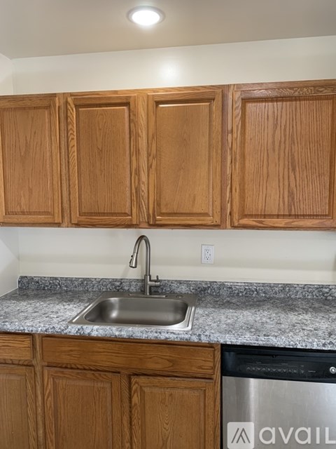 A kitchen with wooden cabinets and a stainless steel dishwasher.
