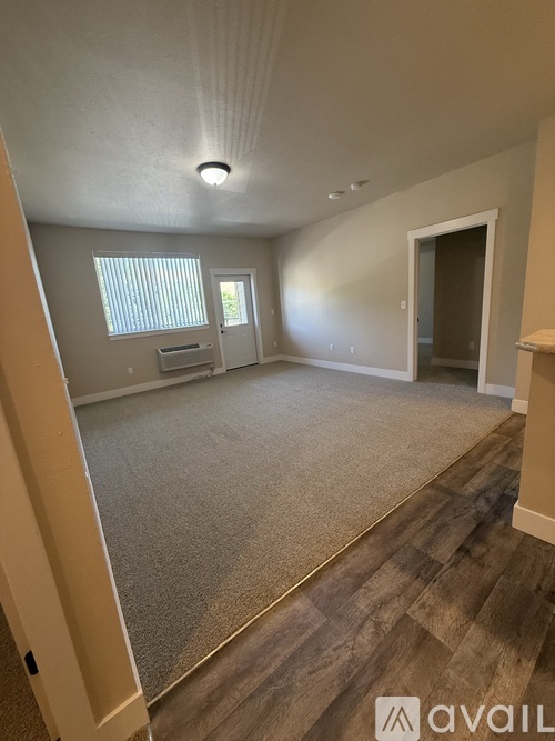 A room with a carpeted floor and a door on the right side.